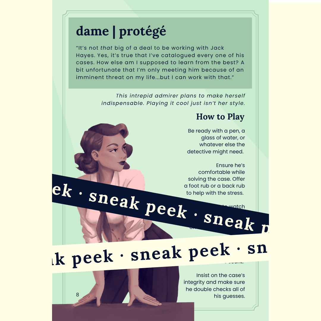 Sneak peek of the back of a dame protege character variation card
