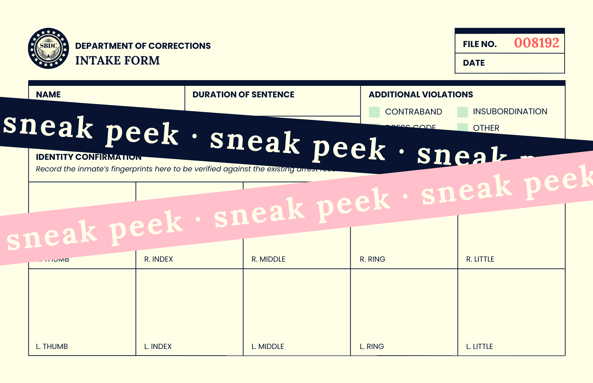 Sneak peek of front of intake form from Hard Time set