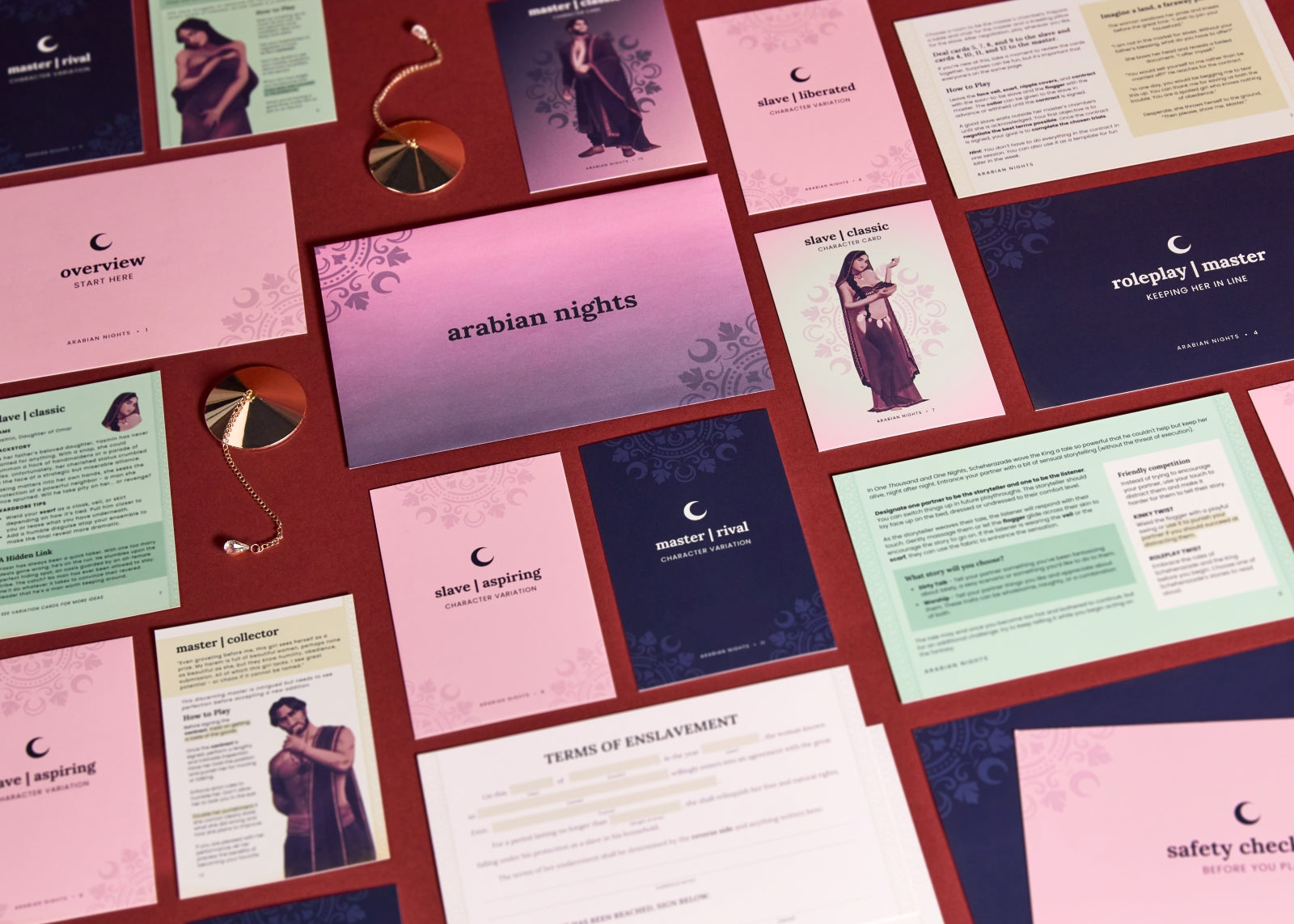 Collection of themed cards with text and illustrations on a red background
