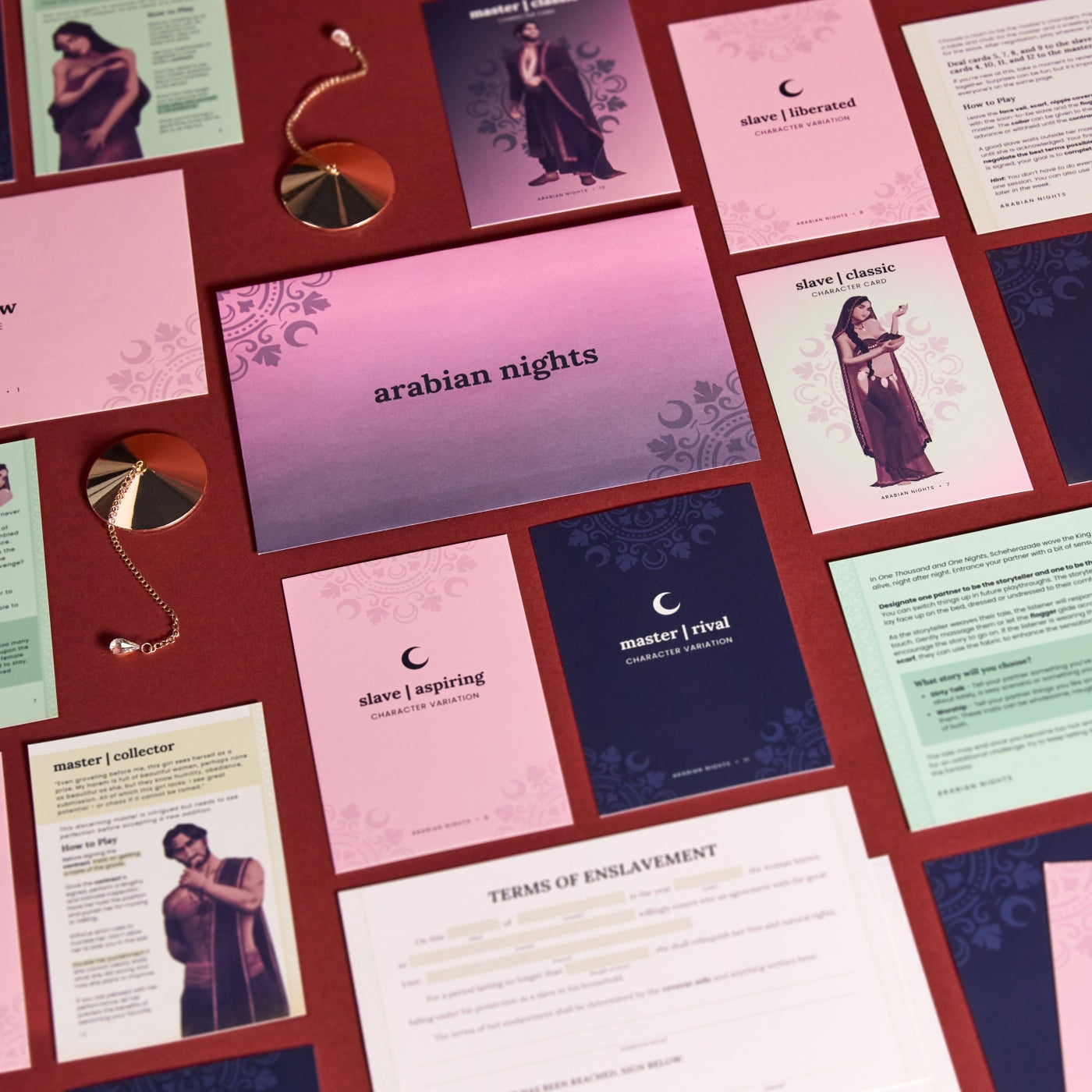 Collage of Arabian Nights cards on a red background