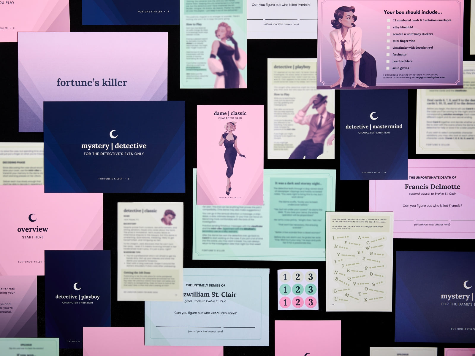 A collage of Saturday Box cards overlapping on a black background