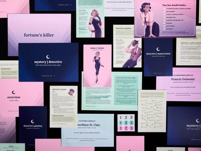 A collage of Saturday Box cards overlapping on a black background