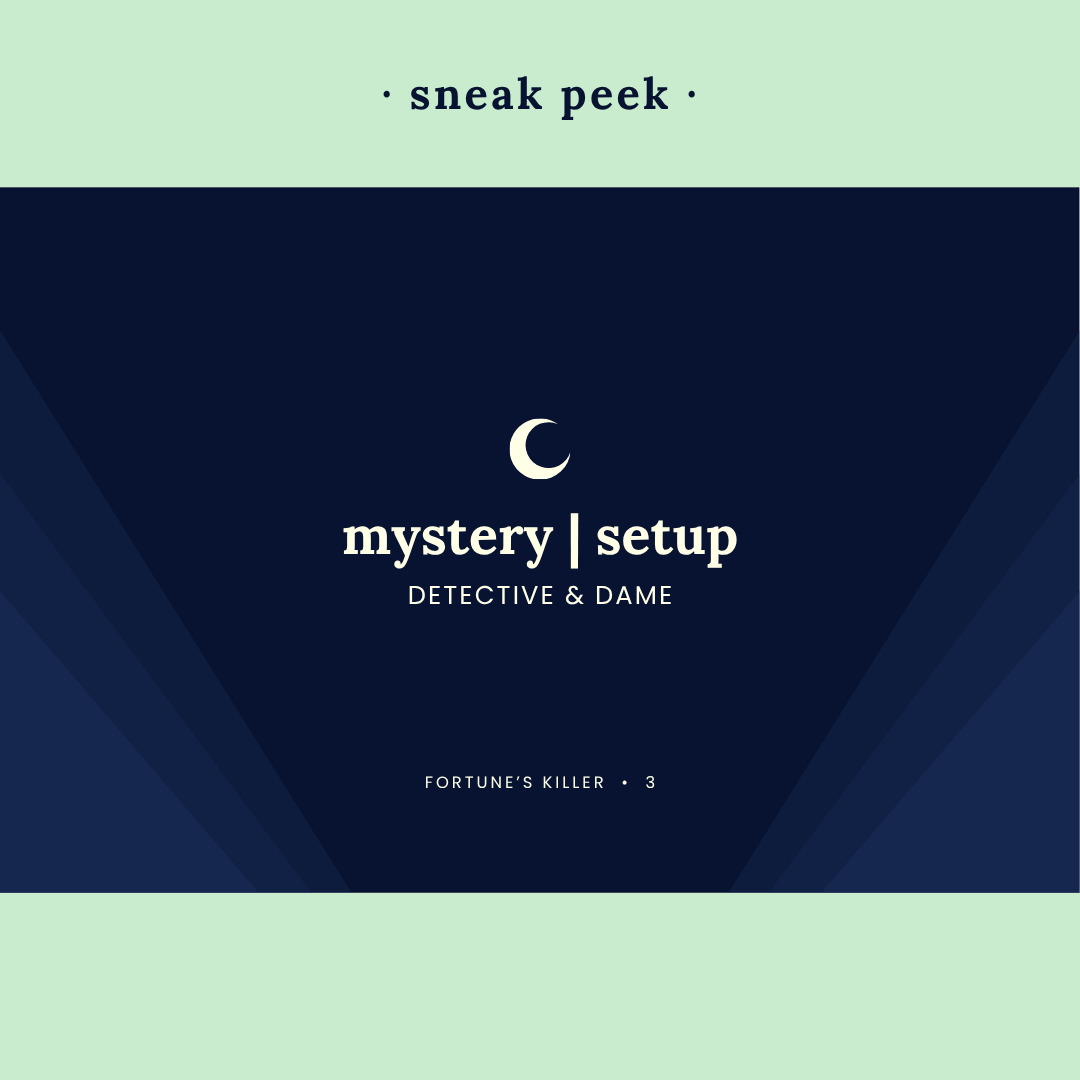 Sneak peek of the front of a blue mystery setup card