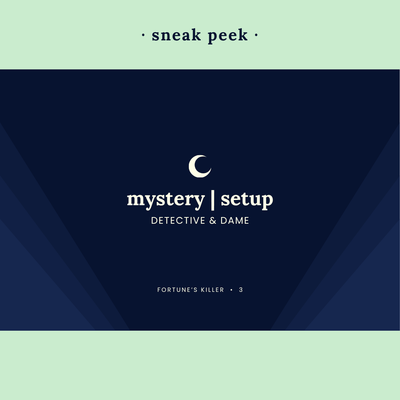 Sneak peek of the front of a blue mystery setup card