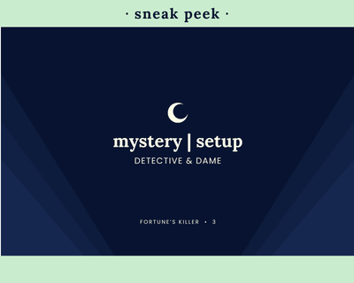 Sneak peek of the front of a blue mystery setup card