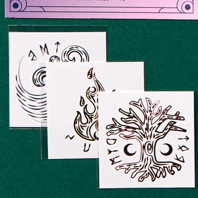 Three different rune designs with a fairy tale theme, displayed on a green background. 