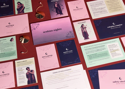 Collection of themed cards with text and illustrations on a red background