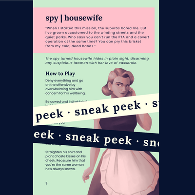 Sneak peek of back of spy | housewife character card from Loose Lips set